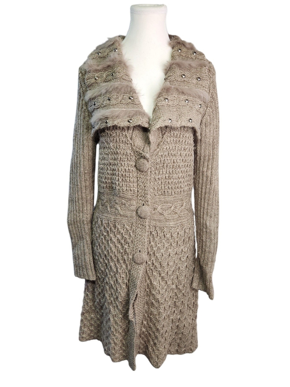 Vintage Sioni Wool Blend Long Cardigan Faux Fur Trim Studded Duster Coat M